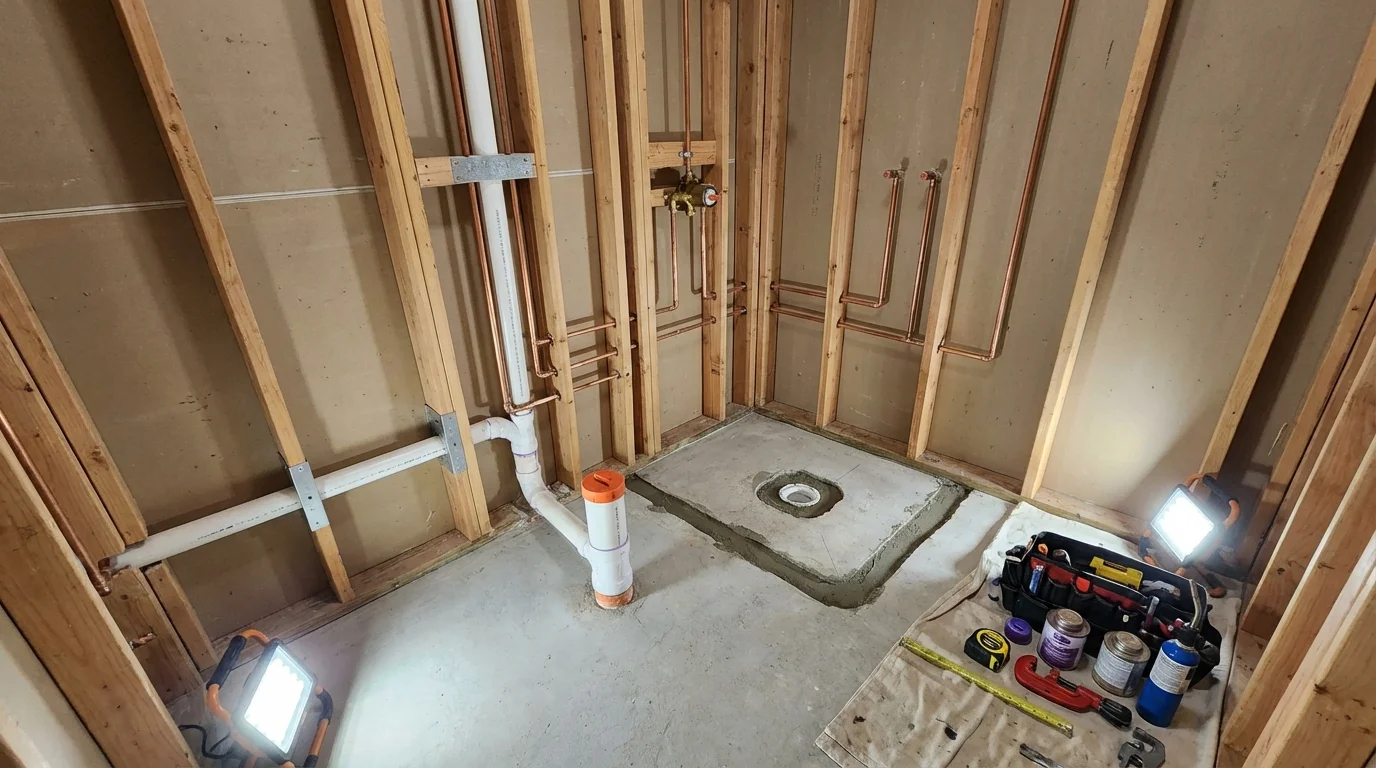 Bathroom rough-in plumbing during remodel by Johns Plumbing LLC in Bovina