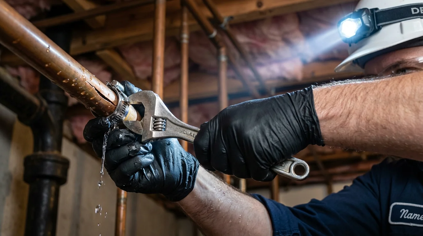 Emergency pipe clamp repair being performed by a Johns Plumbing LLC plumber in Bovina