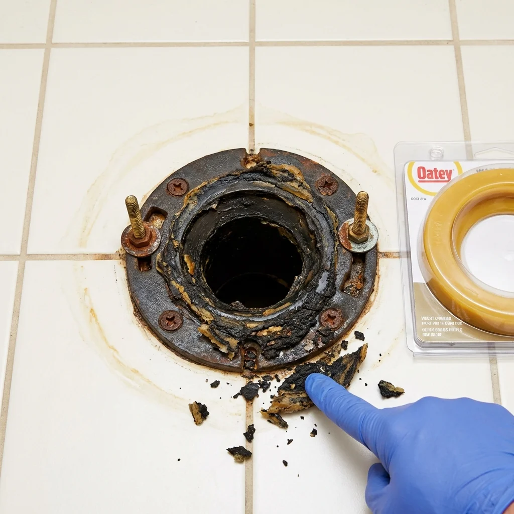Failed wax ring showing water seepage at the base of a toilet in a Bovina, TX home