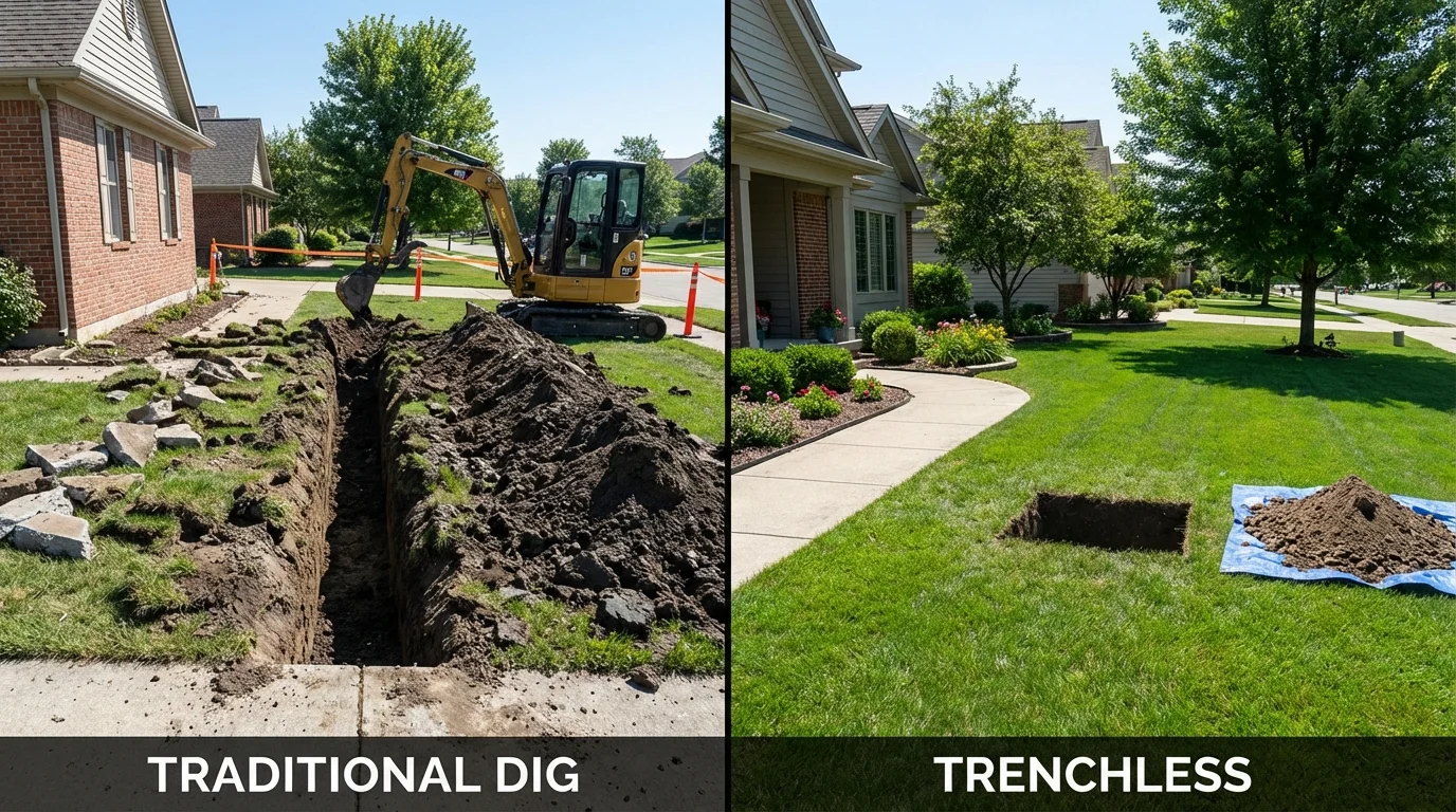 Trenchless sewer repair with minimal yard damage versus traditional excavation in Bovina, TX
