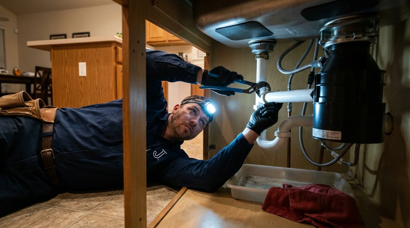 P-trap and supply line connections under a kitchen sink showing a common leak point in Bovina, TX